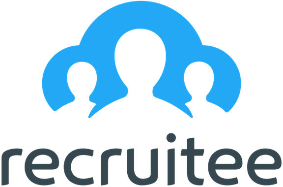 recruitee logo with stylized figures representing teamwork and collaboration, blue cloud shapes symbolizing recruitment services