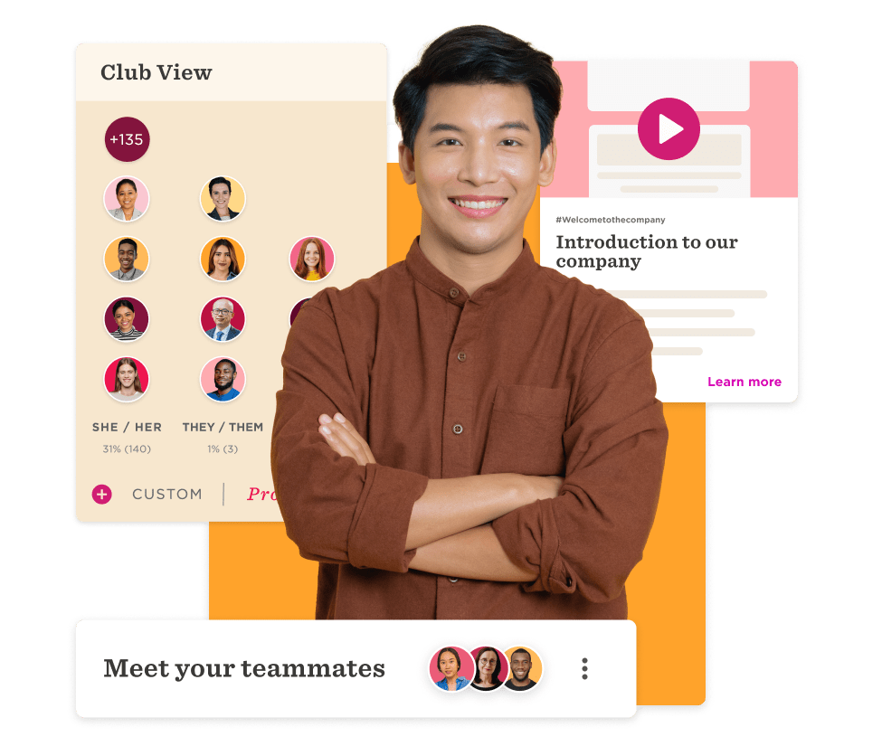 team member smiling, Club View with teammate profiles and introductory content on a colorful background