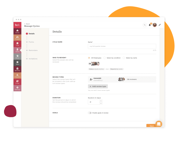manage cycles interface, employee review setup details