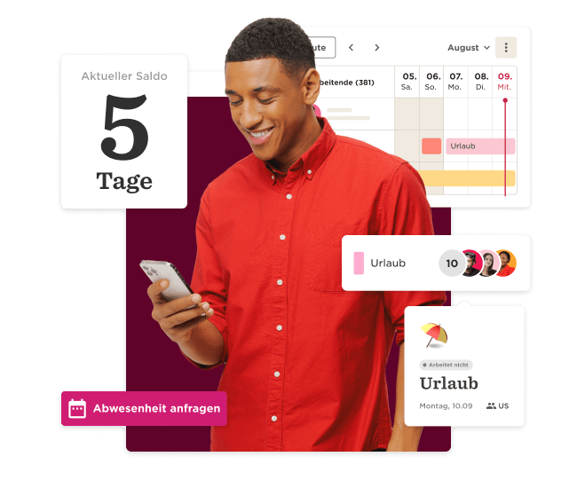 Aktueller Saldo 5 Tage Urlaub, Person mit Smartphone, digitale Abwesenheitsanfrage, Kalenderansicht des Monats., Urlaubstage, digitalePlanung