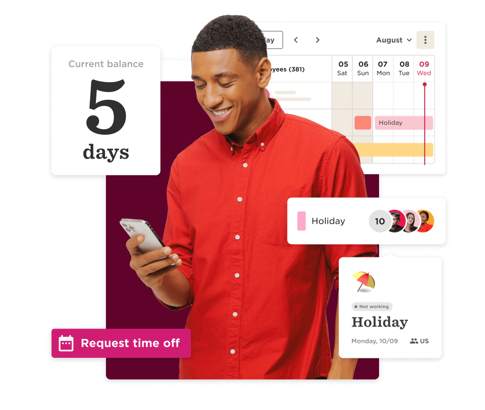 current balance of 5 days holiday; man in red shirt using smartphone with request time off graphic, calendar showing holiday date