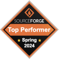 SourceForge Top Performer badge, Spring 2024, featuring an orange diamond shape with a flame icon, Award recognition for top software performance 2024