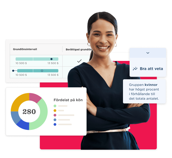 data visualization, professional woman smiling with graphs and charts illustrating salary data and gender distribution statistics