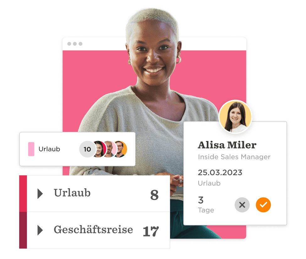 woman smiling in sweater with dashboard showing vacation and business trip details, profile of Alisa Miler, Inside Sales Manager