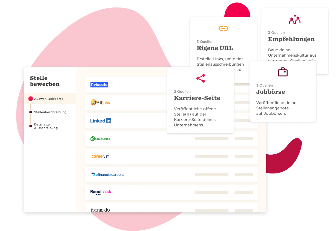 Stelle bewerben page with job listing options, featuring logos from job boards like LinkedIn and AllJobs. , Jobbörse, Karriere-Seite