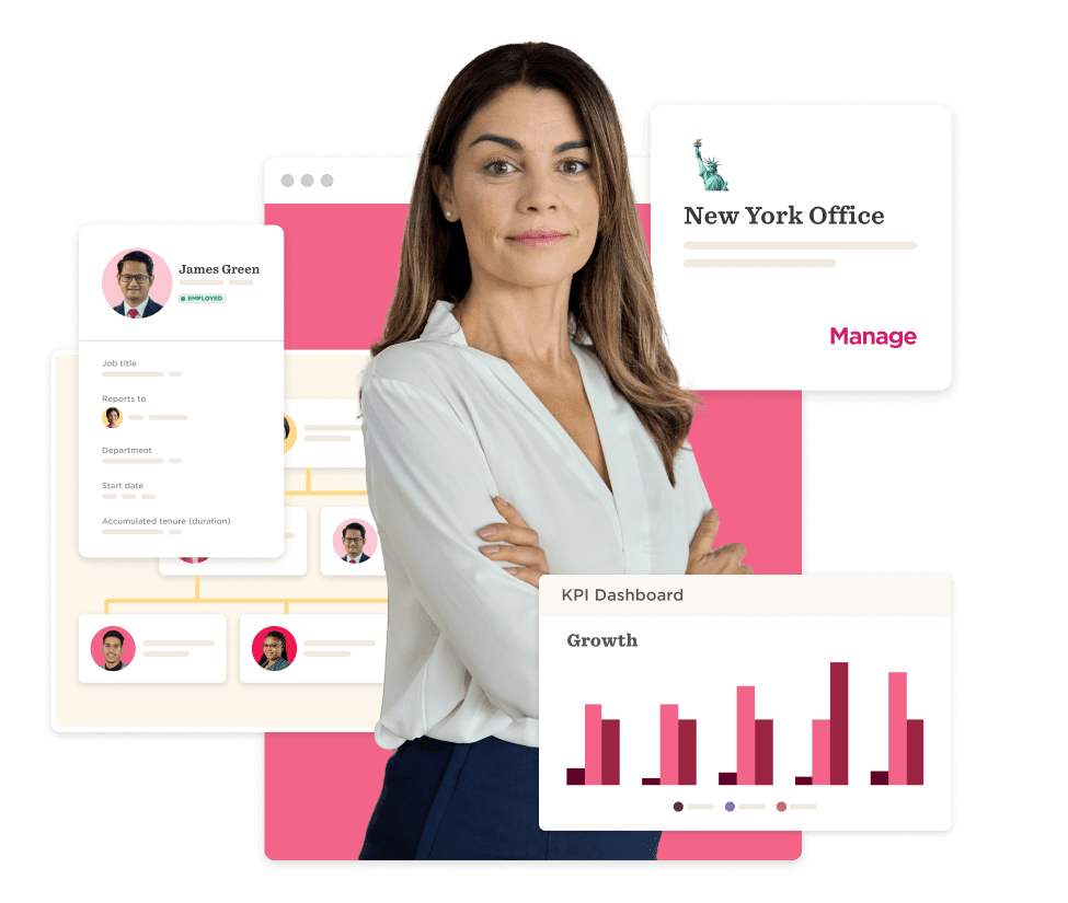 professional woman in white blouse showcases KPI dashboard and employee profile for New York office management, employee profile KPI dashboard visualization