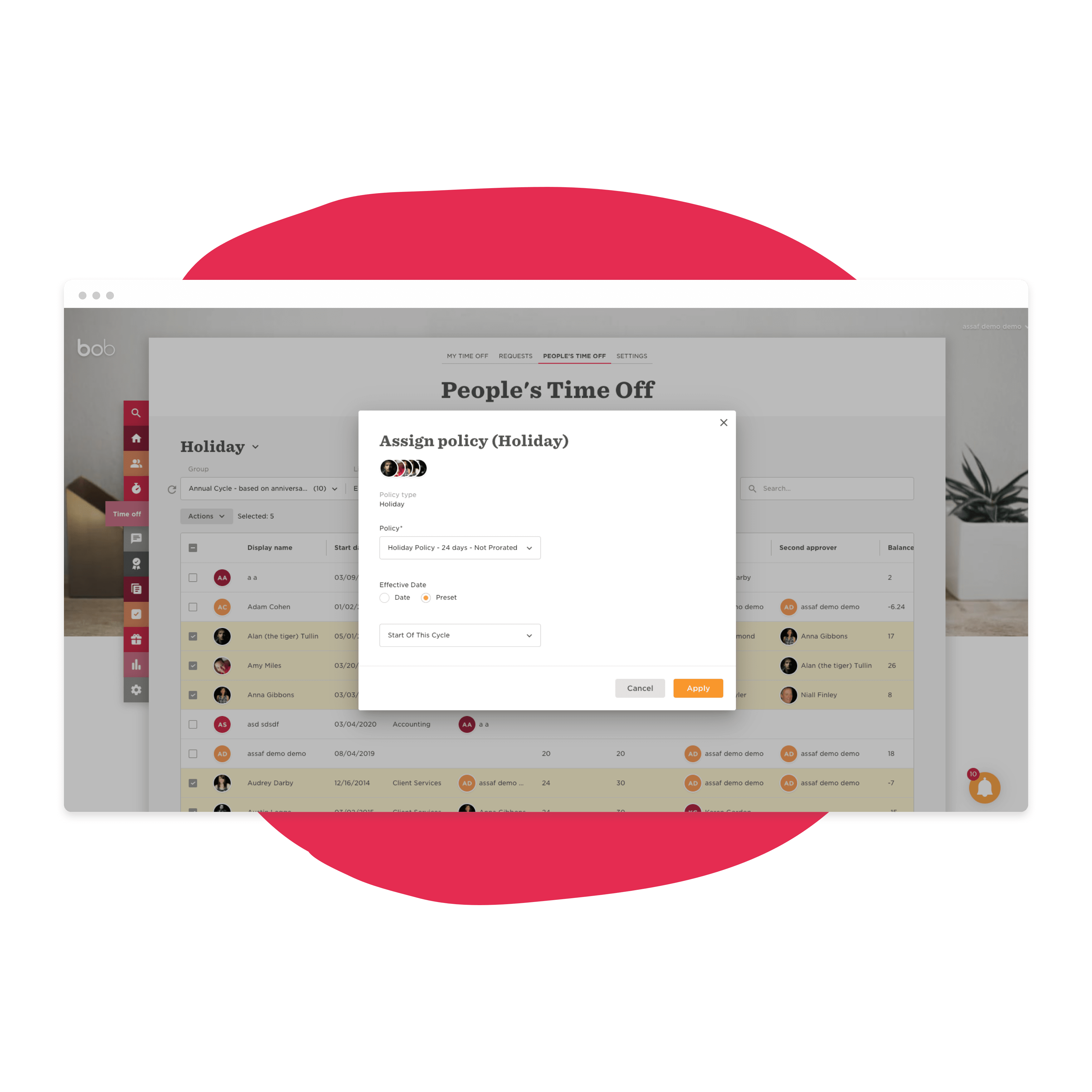 assign-policy-holiday, employee-time-off-management