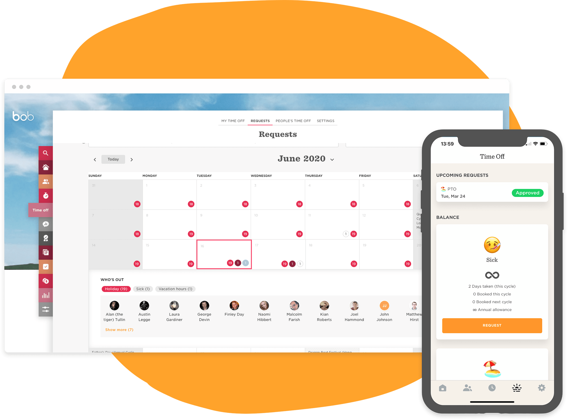calendar interface, time off request mobile view
