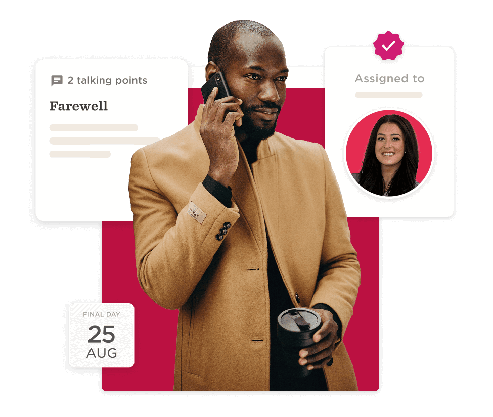 businessman talking on phone in stylish coat, project update on farewell discussion with assigned colleague image