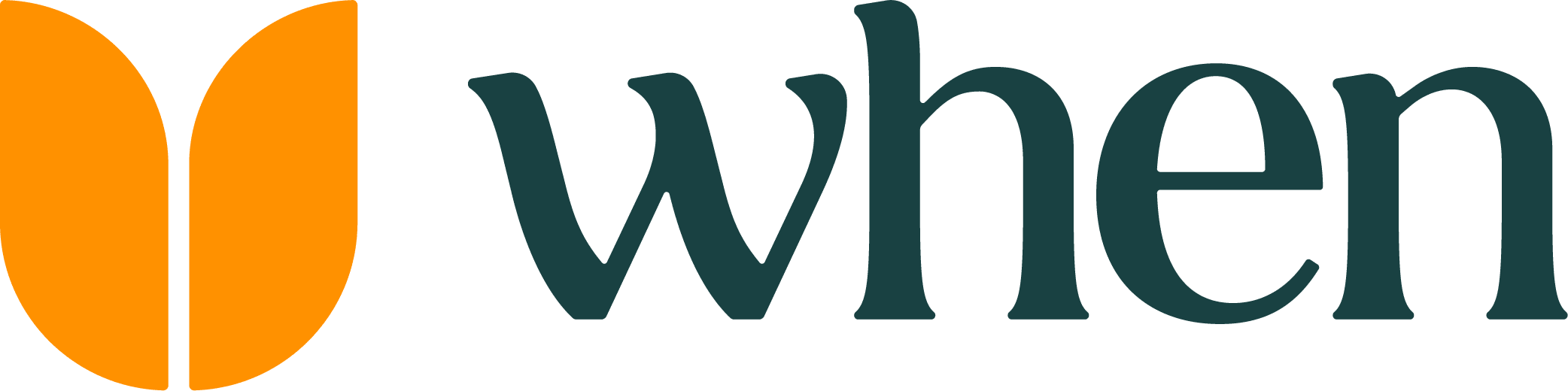 orange logo shape representing a butterfly with the word 'when' in teal below, butterfly-inspired logo design for the brand 'when'