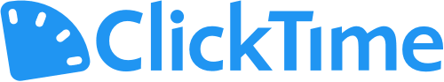 ClickTime logo with clock icon, emphasizing time management and productivity solutions, Blue and white design for brand recognition