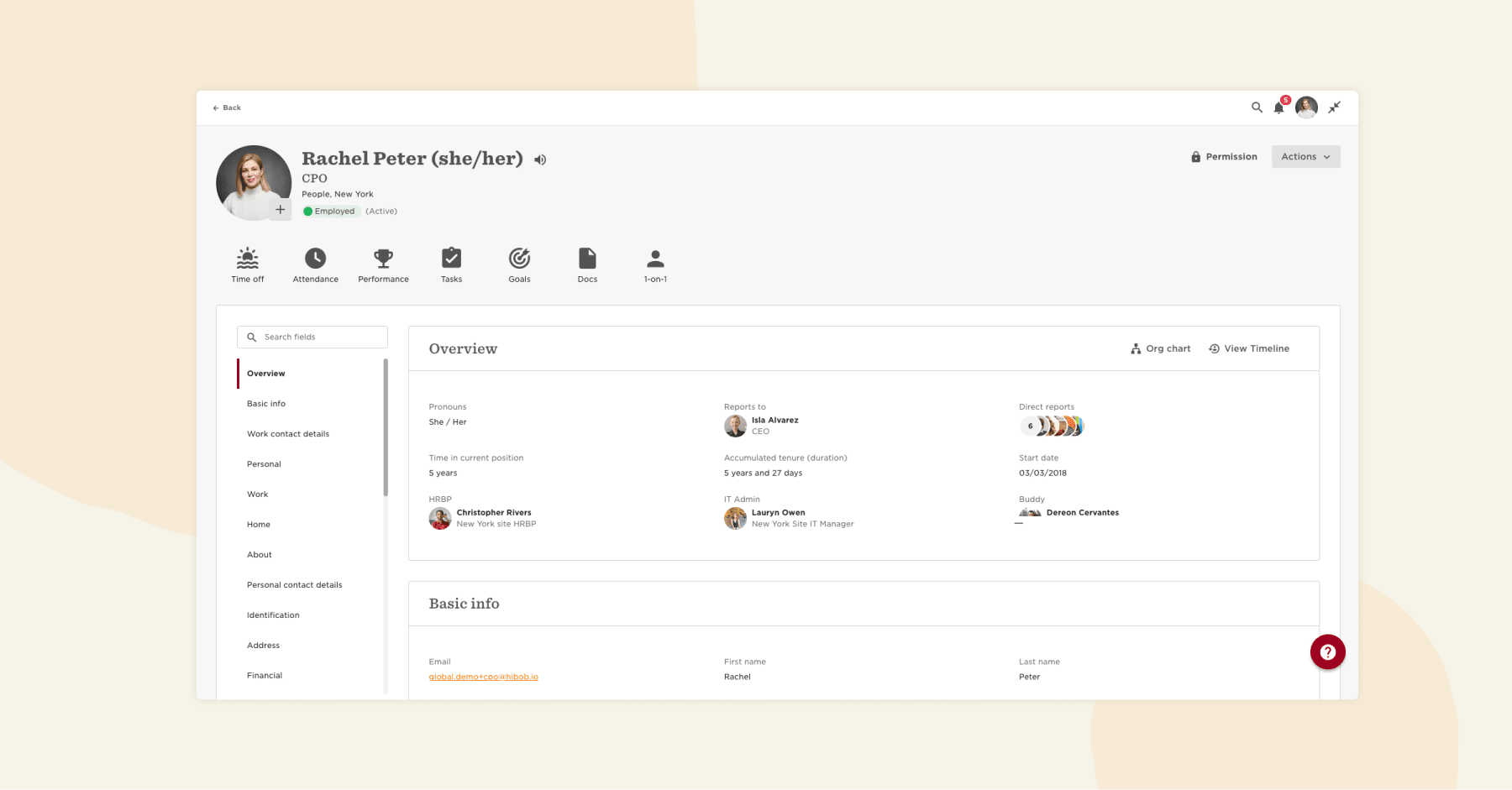Rachel Peter profile overview with contact info, tenure details, and direct reports on a light background. | Employee dashboard, Profile summary and details of Rachel Peter’s employment