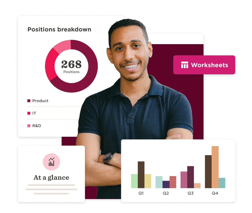 positions breakdown, data visualization with a young man, charts showing job distribution and performance metrics