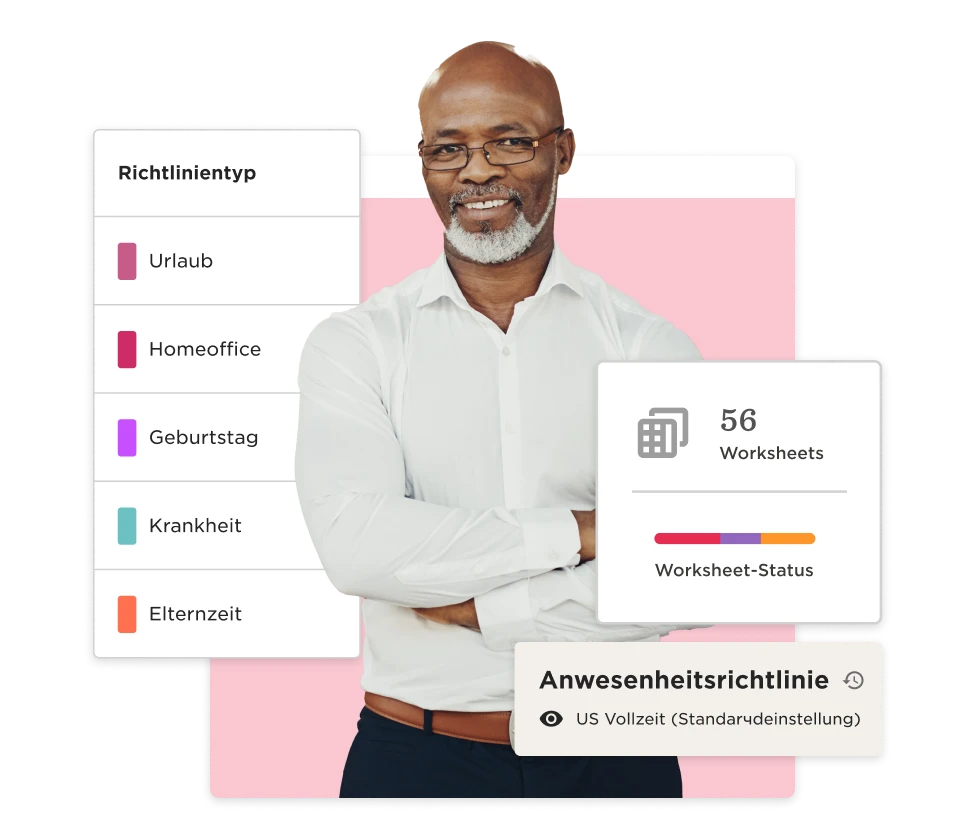 Richtlinientyp Übersicht mit einem lächelnden Mann, 56 Worksheets und Statusanzeige auf pastellfarbigem Hintergrund., Mann mit Brille und Hemd, Richtlinientypen für verschiedene Aktivitäten.