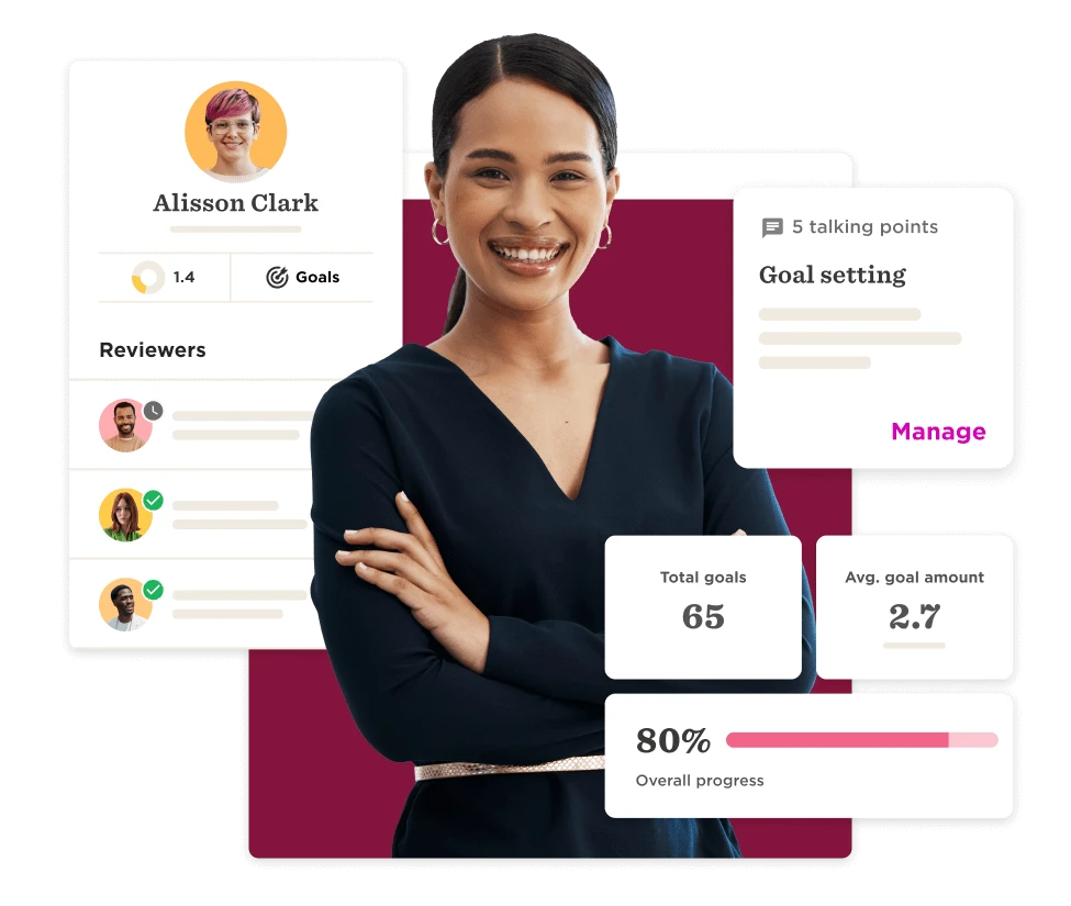 professional woman smiling with goals dashboard including total goals, progress, and reviewer feedback, goal setting progress review metrics