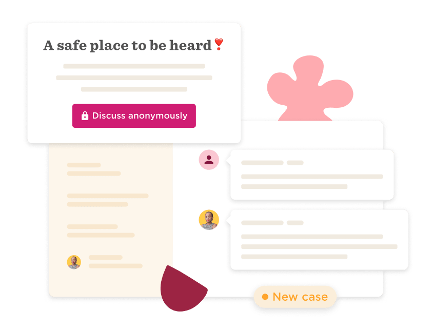 safe place to be heard, discuss anonymously, message interface, user icons, new case notification, supportive online community