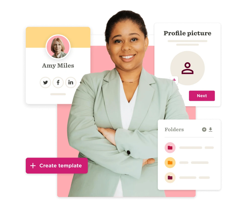 professional woman in blazer, profile features, social media icons, create template button, business profile design, user interaction elements