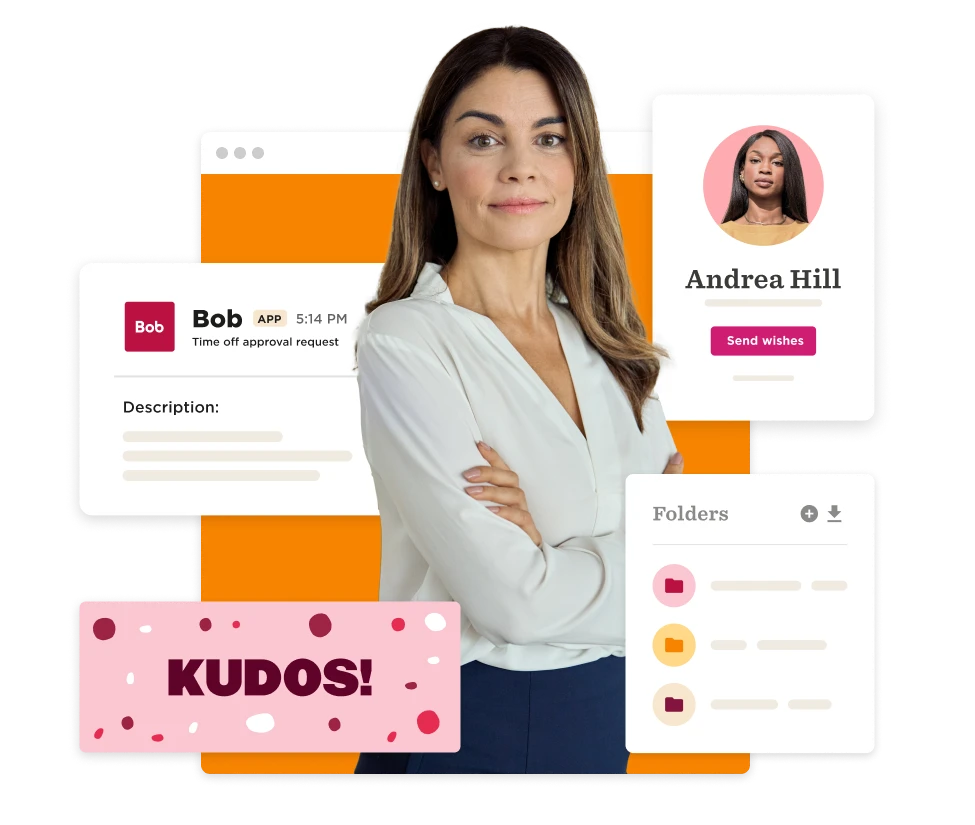 Bob's approval request; woman in white blouse symbolizes professionalism. Bright background with 'KUDOS!' enhances engagement.