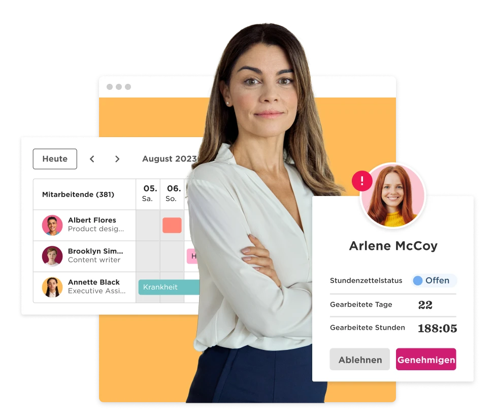 employee dashboard, woman in professional attire with employee details and calendar interface
