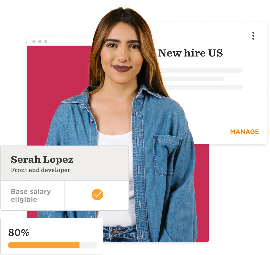 Serah Lopez, front-end developer, stands confidently with an infographic displaying salary eligibility and performance. 80%, New hire profile with management options shown.
