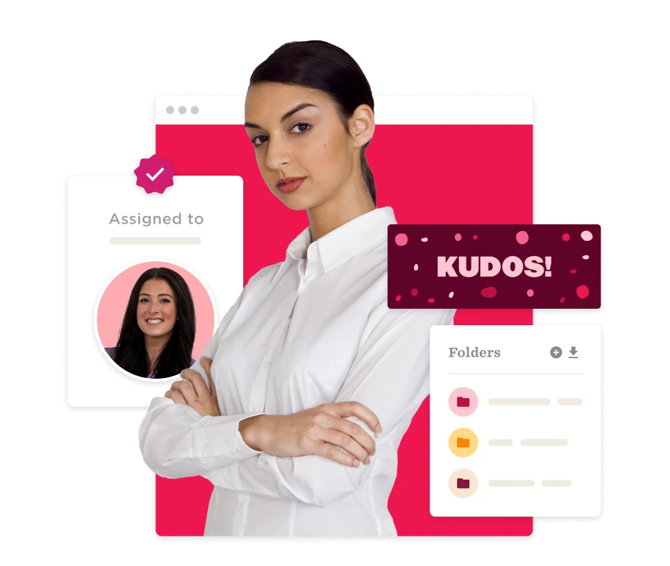 professional woman with arms crossed, digital workspace highlights 'KUDOS!' and folder management, confident woman, digital accomplishment notification