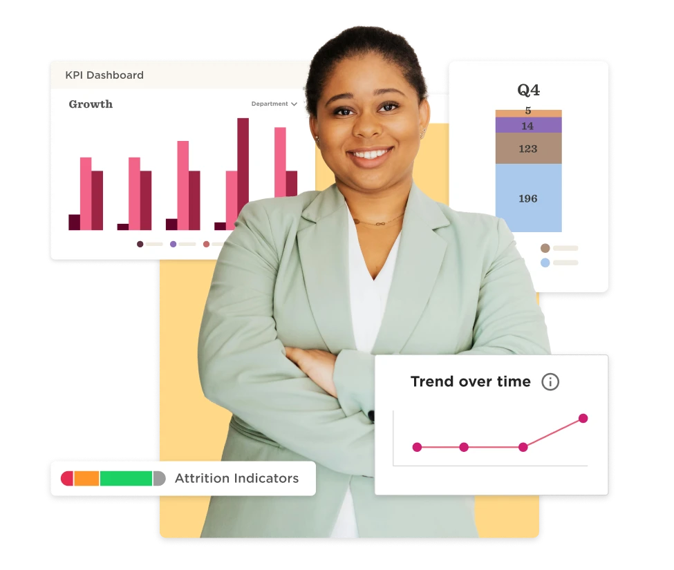 KPI dashboard with growth metrics, attrition indicators, and a confident professional woman in business attire, Growth metrics and trends displayed in a KPI dashboard with a professional woman in a pastel green suit.