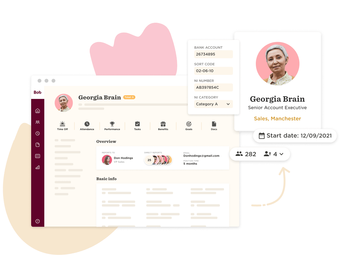 Georgia Brain profile in Bob HR software, showcasing details like role, contact info, and performance metrics., HR software interface displaying personal details, job role, and performance statistics for employee management.