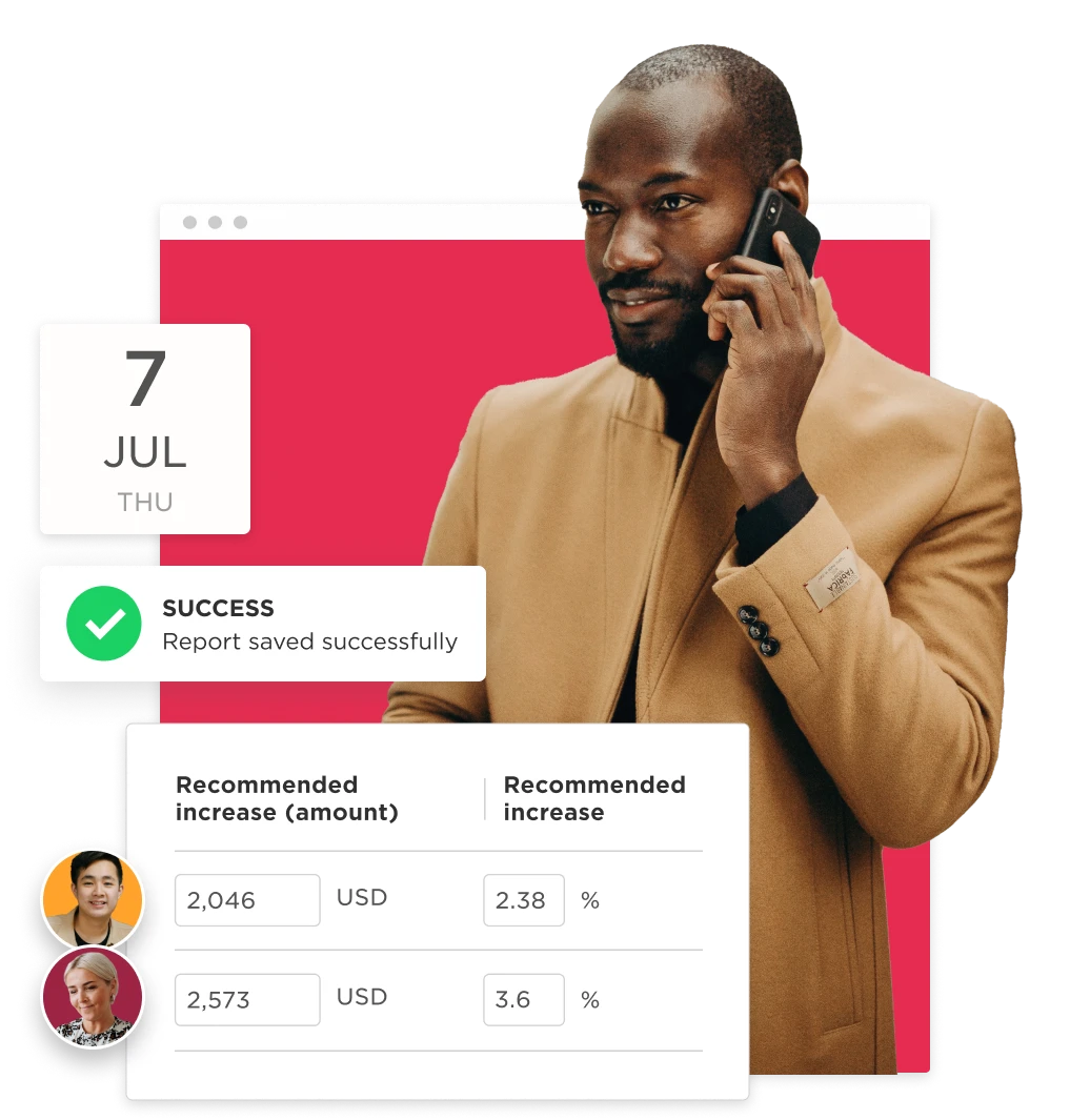 successful report saving, businessman on phone discussing financial recommendations