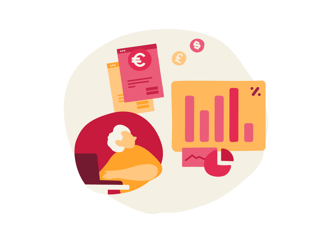 elderly person working on a laptop with financial documents and charts, illustrative depiction of data analysis and finance