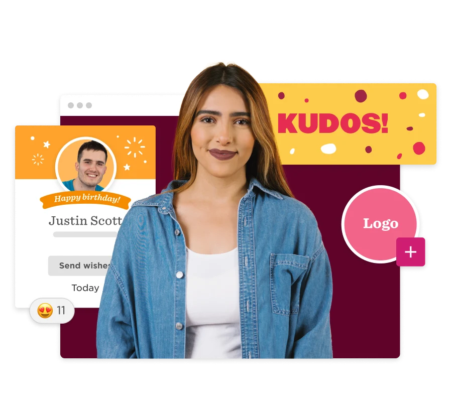 birthday celebration, woman smiling with birthday messages and colorful design elements