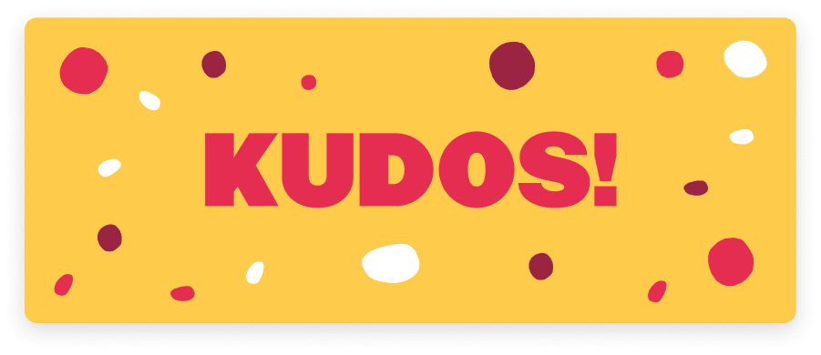 Kudos graphic with vibrant yellow background and playful confetti design, featuring bold red lettering. , Kudos graphic, vibrant design, yellow background