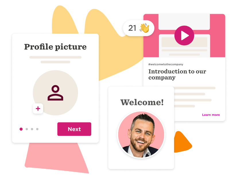 profile picture and welcome screen with introduction; user engagement interface for company onboarding, user interface design with vibrant elements and welcoming text