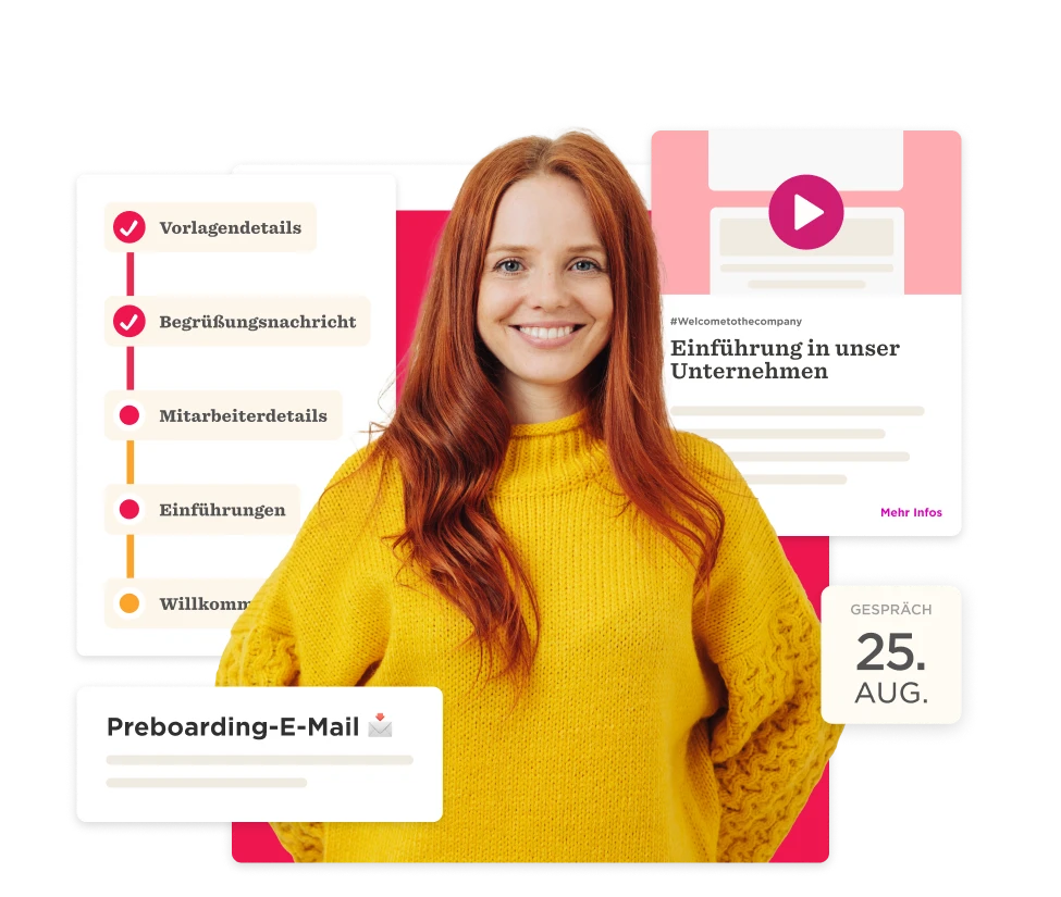 smiling woman in yellow sweater with onboarding checklist, preboarding email details with company introduction graphics