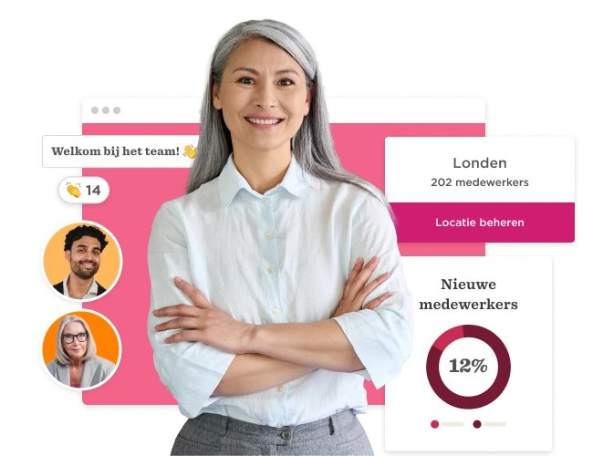 team member with gray hair smiling, digital interface with employee stats, welcoming message, and location details, employee engagement, workplace statistics