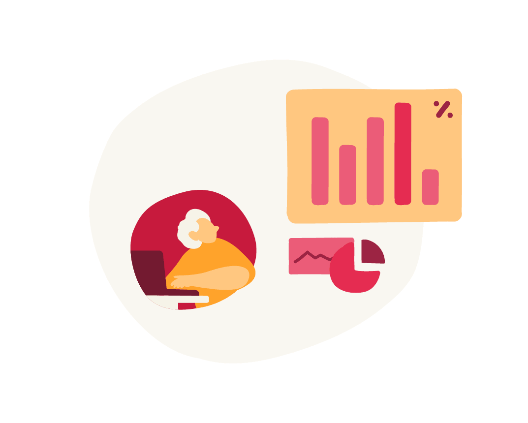 elderly person using laptop, colorful bar and pie charts depicting data analytics