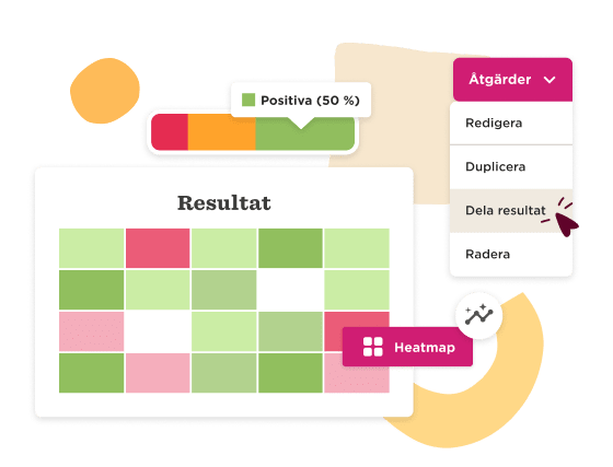 resultat heatmap visual representation with positive percentage indicator and action menu options, data analysis interface statistics