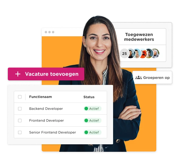 vakature toevoegen interface, active job positions for developers with a professional woman in a business setting