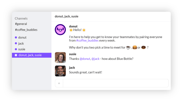 coffee chat interface, team members discussing meeting over coffee