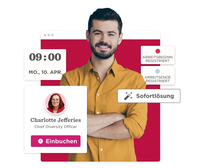 man smiling in front of a digital interface, displaying schedule and profile details, CEO profile with scheduling options highlighted