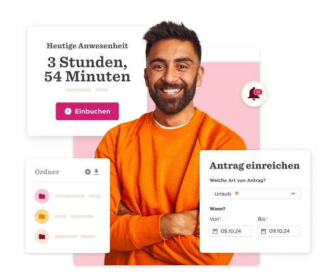 menschlicher Fachmann in orangefarbenem Pullover, Anwesenheit 3 Std. 54 Min., Antragsformular für Urlaub, Benutzeroberfläche mit Icon, Einbuchung und Ordner