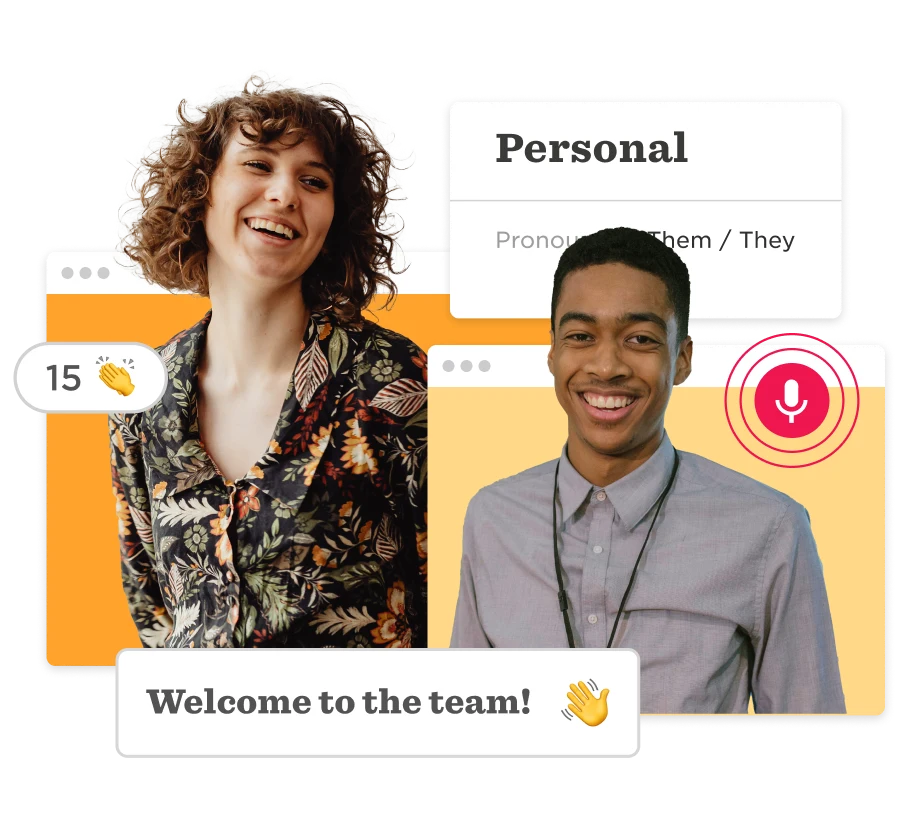 smiling young adults in colorful backgrounds with welcome message, personal pronouns, and voice icon, team introduction graphic with diversity focus