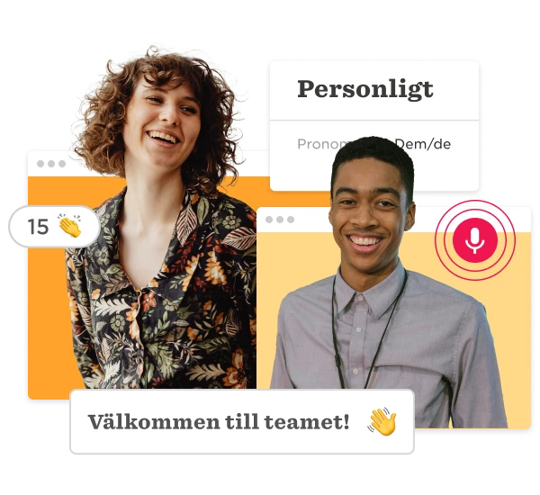 diverse team members smiling with welcoming text, personal pronouns displayed, light-hearted and friendly atmosphere, team introduction graphic with vibrant colors and engagement icons