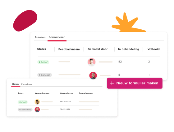 Mensen Formulieren interface showing status, feedback details, and options to create a new form. Colorful design elements., User interface with data on form statuses and creation options, featuring vibrant graphical accents.