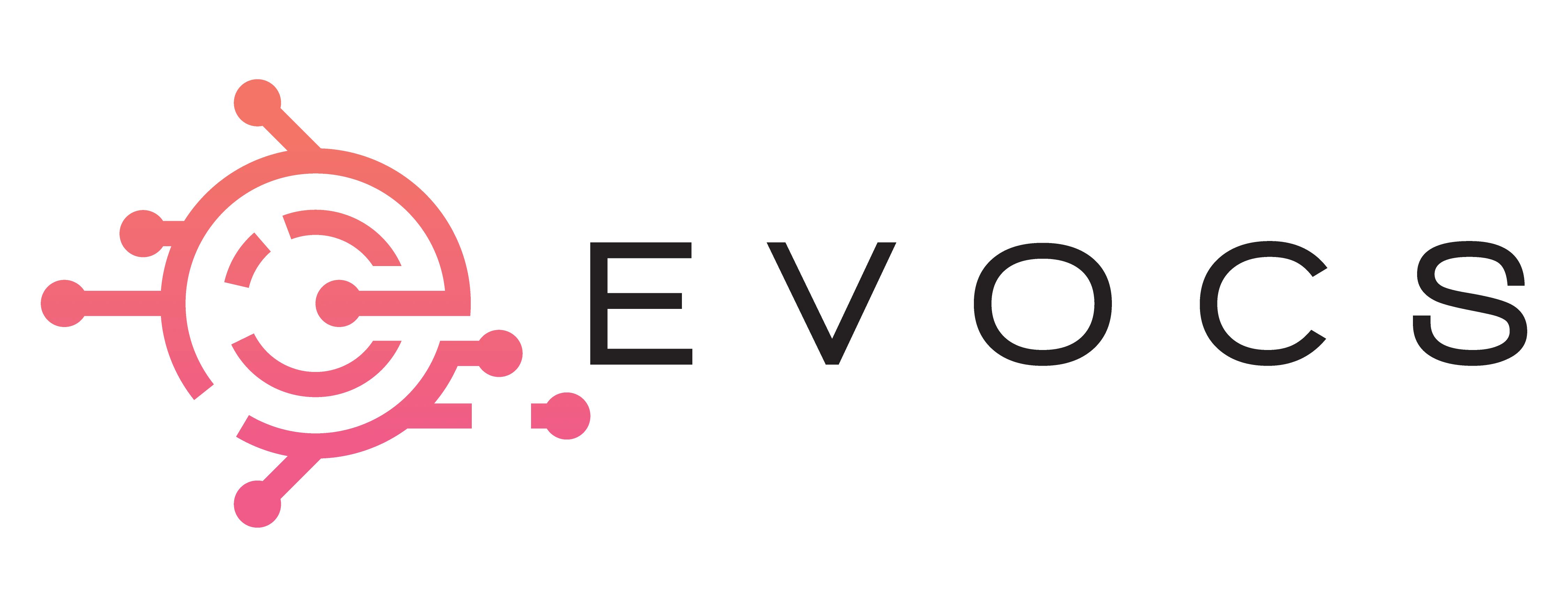EVOCS logo with circuit-like elements and modern typography in pink gradient, symbolizing technology and innovation, Modern logo design with circular elements representing connectivity and advancement in technology.