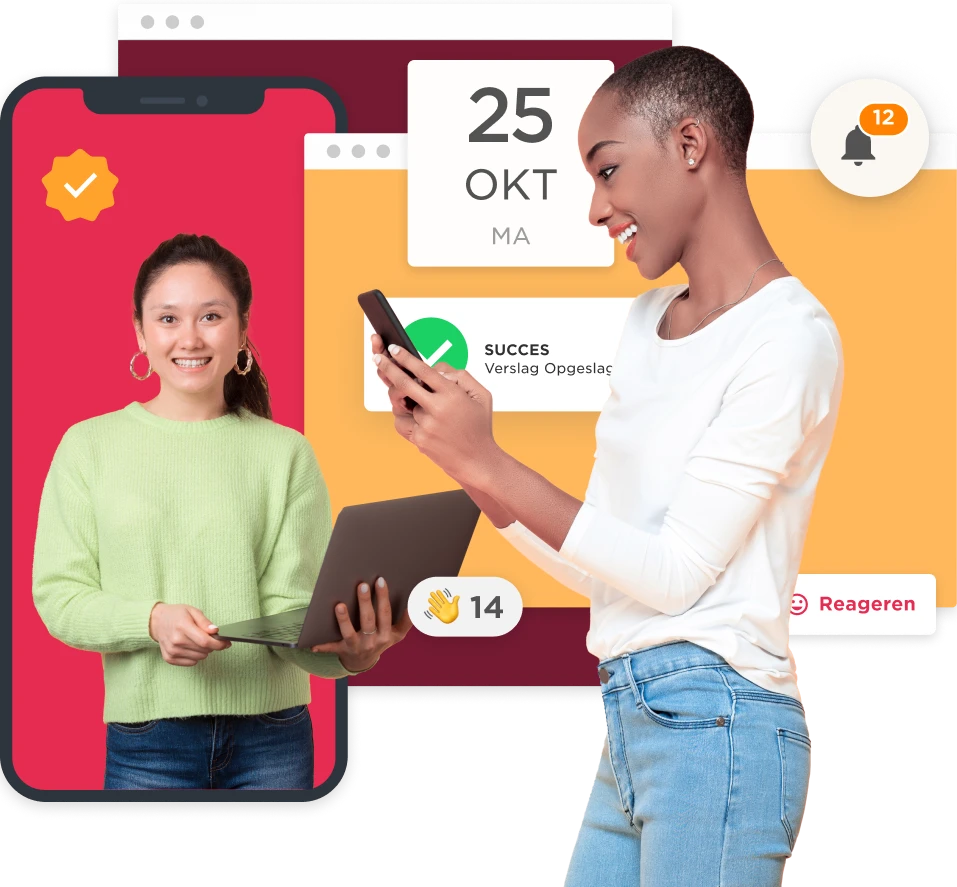 person holding laptop and phone, notification interface with date and success message