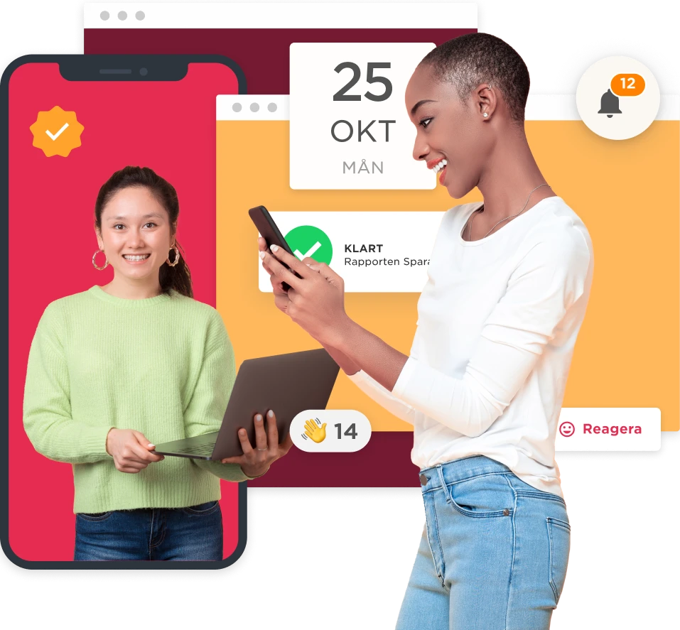 smiling woman with laptop and phone, vibrant interface backdrop displaying notifications and calendar dates, colorful tech communication scene