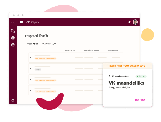 Bob Payroll software interface displaying payroll cycles and user settings for employee management. User-friendly design., payroll, employee management