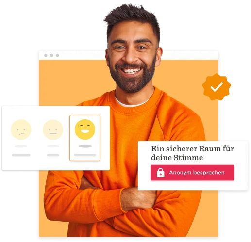 smiling man in orange sweater with feedback icons and message about a safe space for discussion, positive engagement and online support
