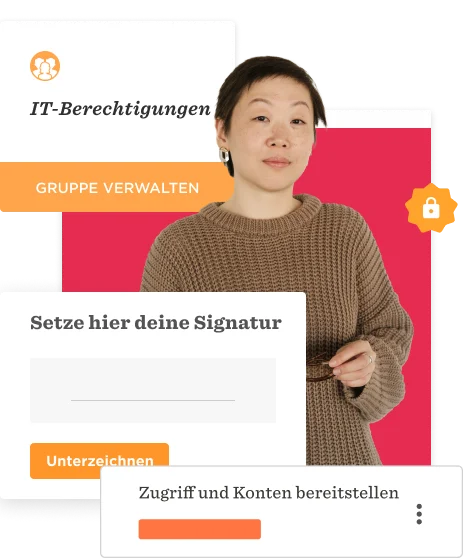 IT permissions interface with a woman, showcasing group management and digital signature features. User-friendly design elements., ITBerechtigungen, DigitalSignature