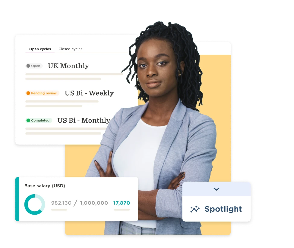 professional woman with curly hair in business attire alongside salary data and cycle statuses, salary data and hiring cycles display